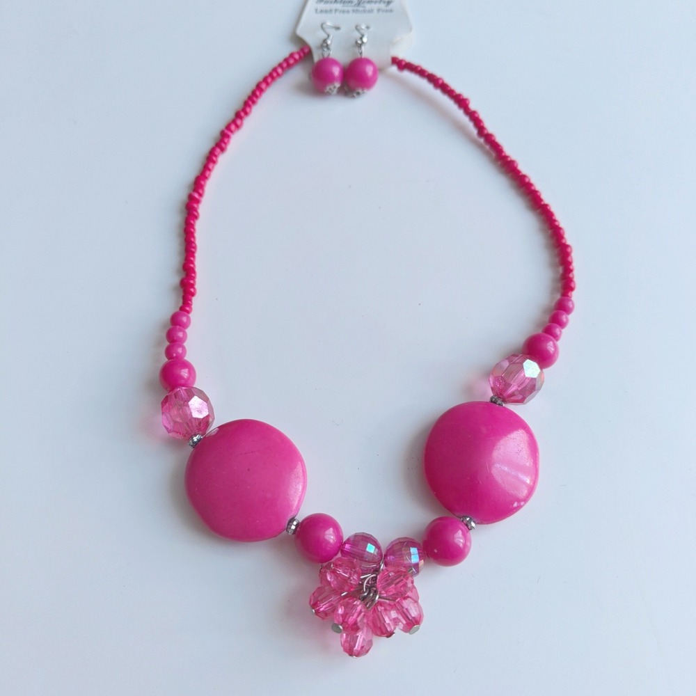 Fashion Jewelry Hot Pink Glass Beaded Statement Necklace Earrings Set Floral